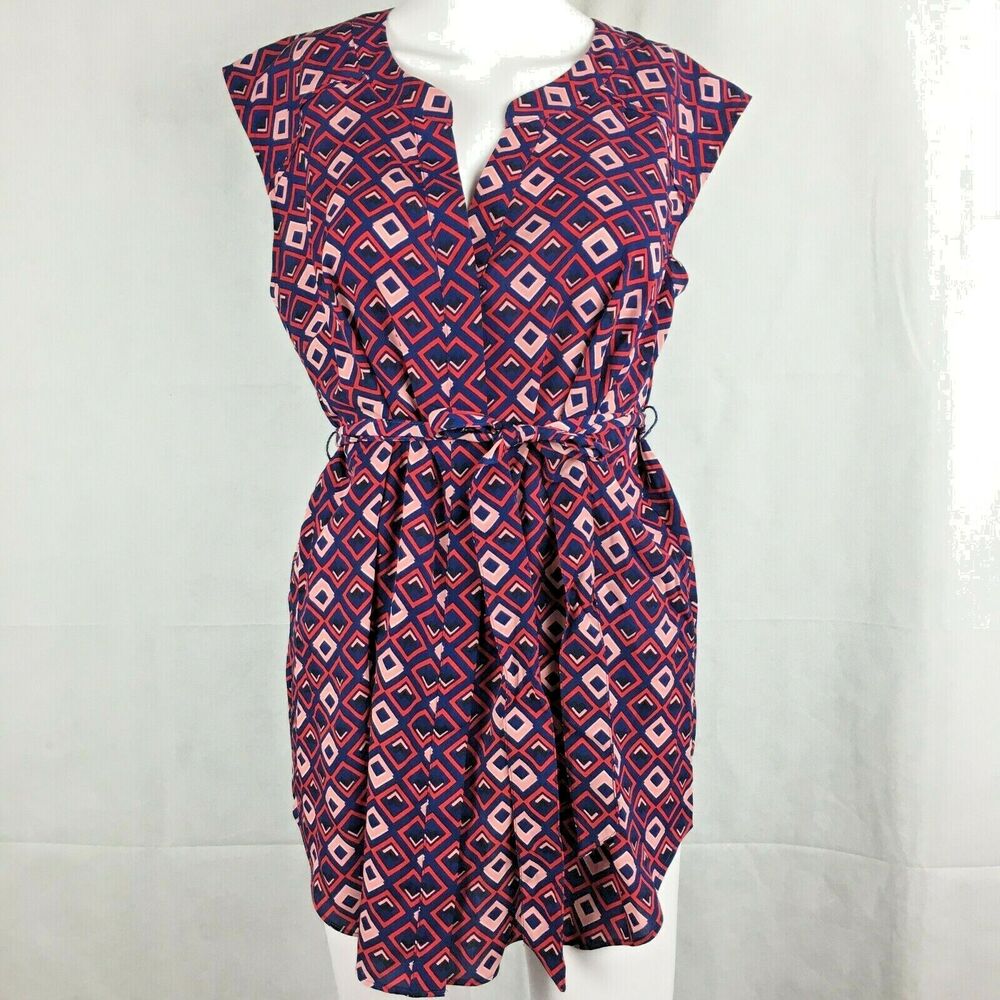 NWT Motherhood‎ Maternity Womens Sz S Pink Blue Geometric Tie Waist Tunic Top